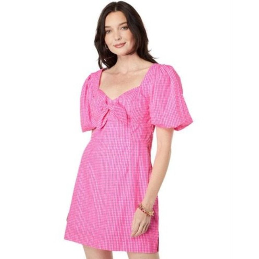 Lilly Pulitzer Nilany Hot Pink & White Gingham Plaid Puff Sleeve, Size 16